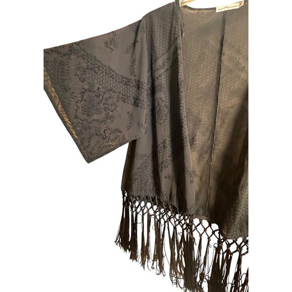 Festival Whimsigoth Cowboy Black Kimono Sheer Duster Cardigan Fringe Floral Mesh - Picture 12 of 16